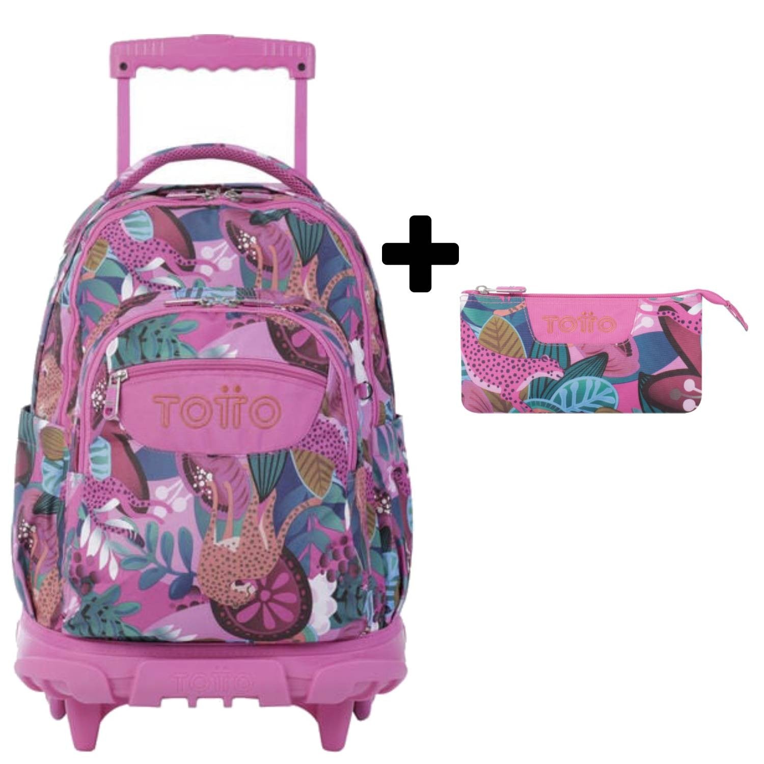 TOTTO Mochila escolar con ruedas Renglones + Estuche Tablero - 8IV Tropical Jaguar