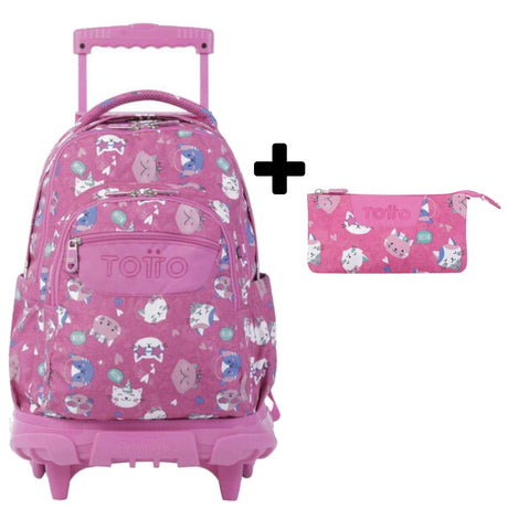 TOTTO Mochila escolar con ruedas Renglones + Estuche Tablero - 8IW Fiesta Gatitos