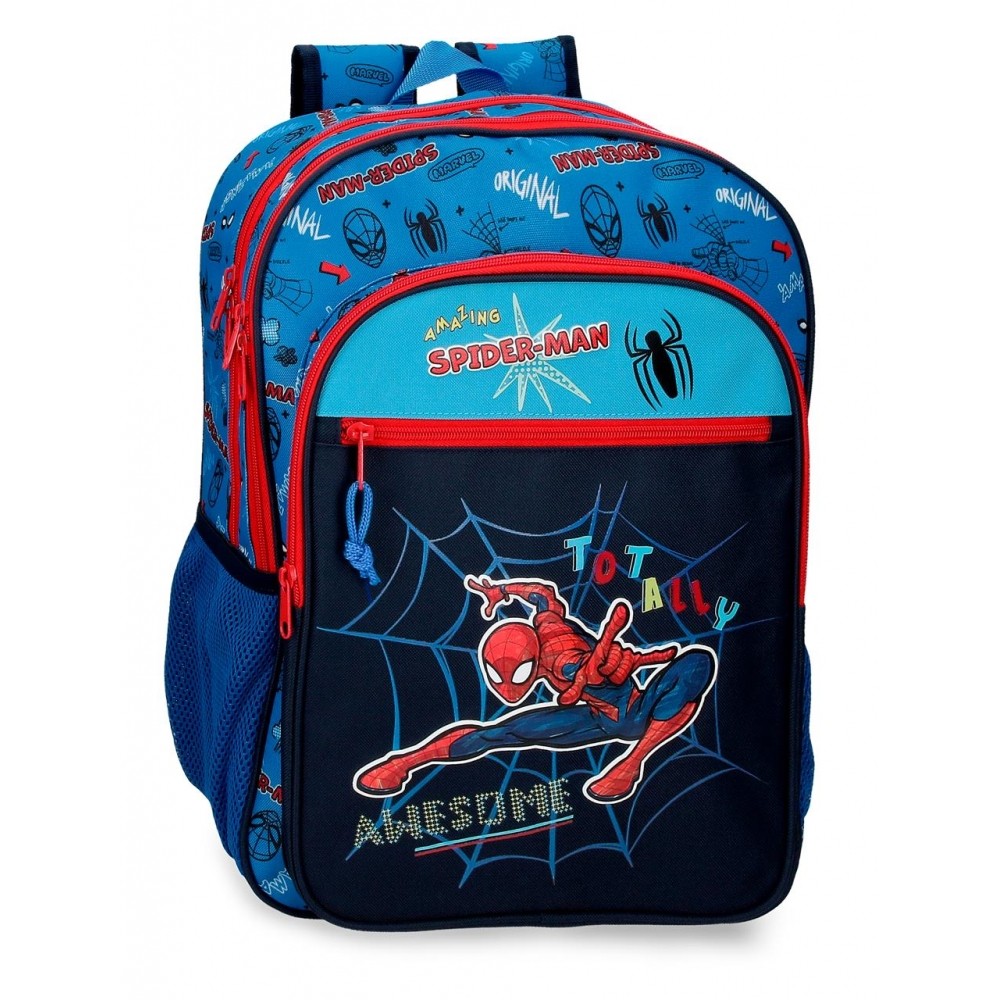 Mochila Escolar Spiderman Totally awesome 42cm Dos Compartimentos adaptable a carro