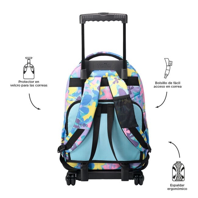 TOTTO Mochila escolar con ruedas – Renglones - 6JS Flores Hawaianas