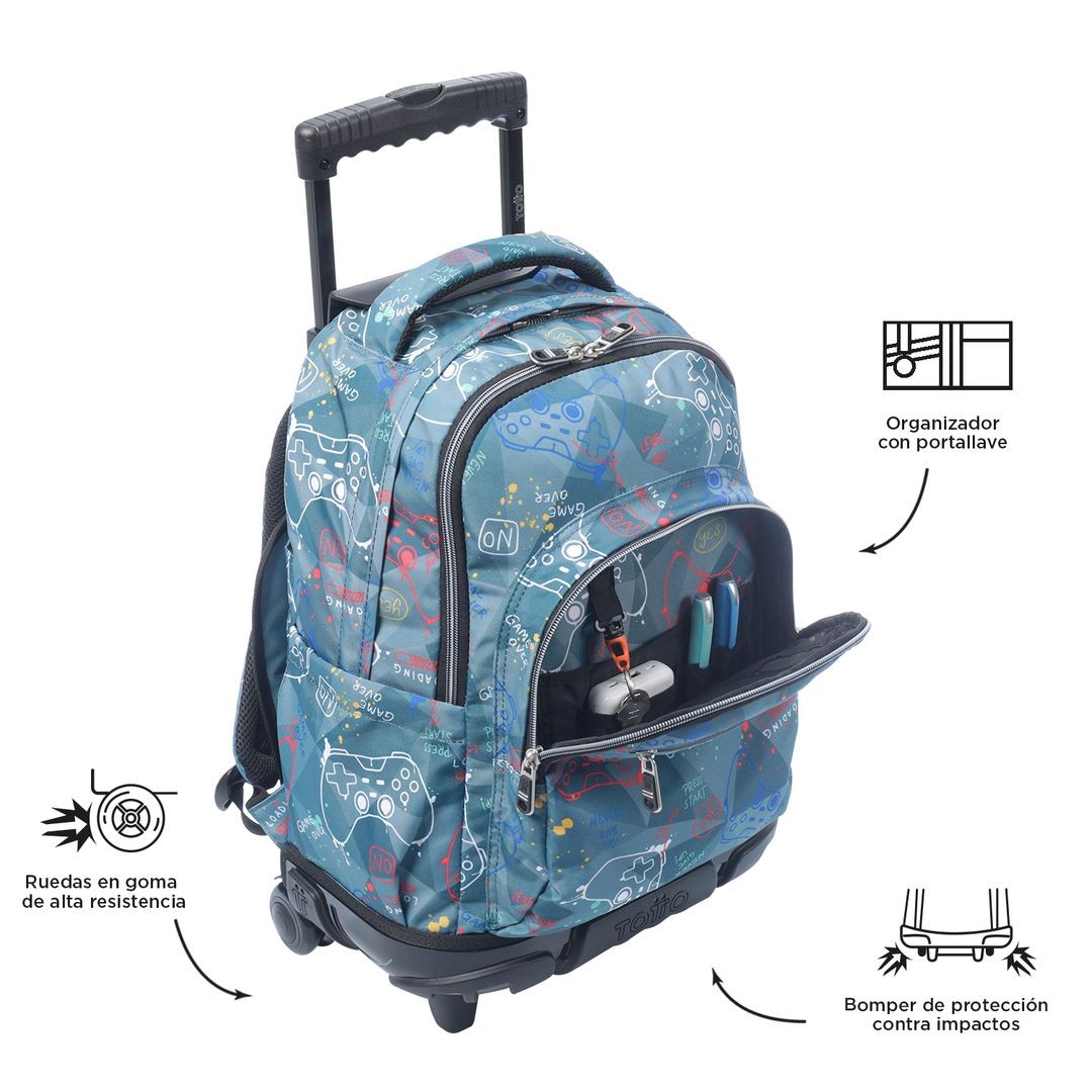 TOTTO Mochila escolar con ruedas Renglones + Estuche Tablero - 5DR Sticks