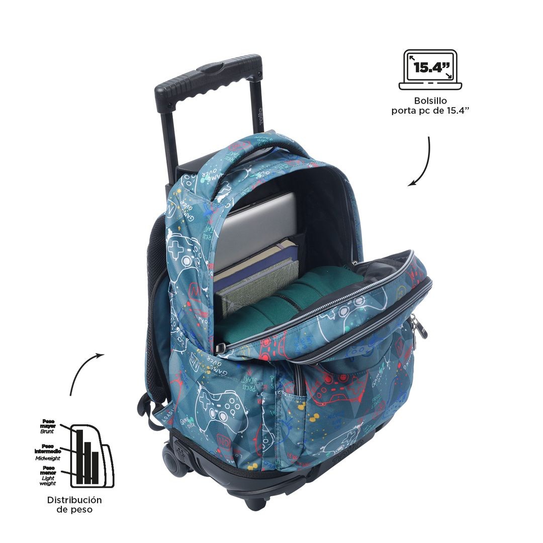 TOTTO Mochila escolar con ruedas Renglones + Estuche Tablero - 5DR Sticks