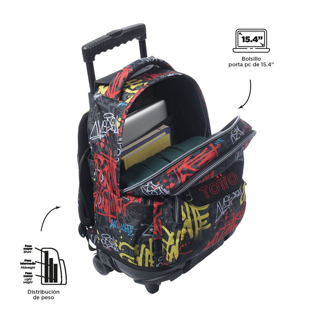 TOTTO Mochila escolar con ruedas Renglones + Estuche Tablero - 6CS Grafil