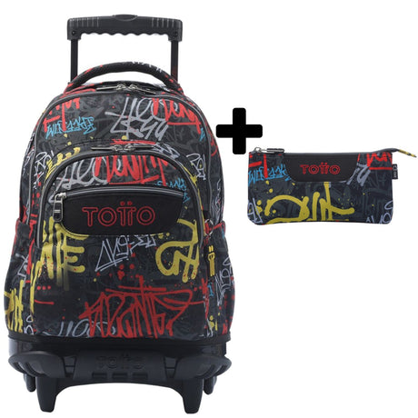 TOTTO Mochila escolar con ruedas Renglones + Estuche Tablero - 6CS Grafil