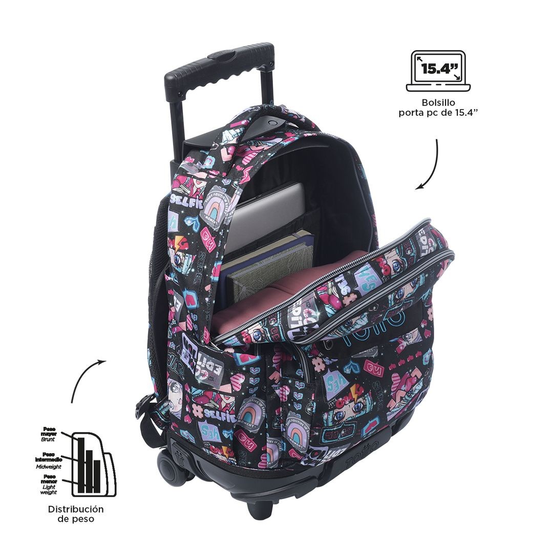 TOTTO Mochila escolar con ruedas Renglones + Estuche Tablero - 6YA Bluc