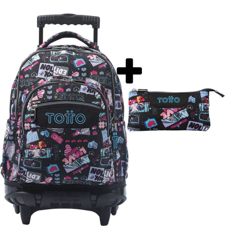 TOTTO Mochila escolar con ruedas Renglones + Estuche Tablero - 6YA Bluc