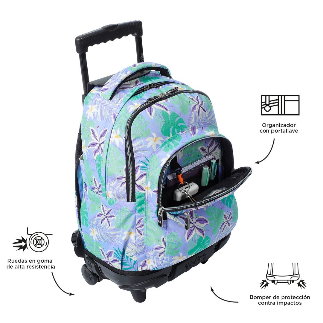 TOTTO Mochila escolar con ruedas Renglones + Estuche Tablero - 4H1 Lienzo Floral